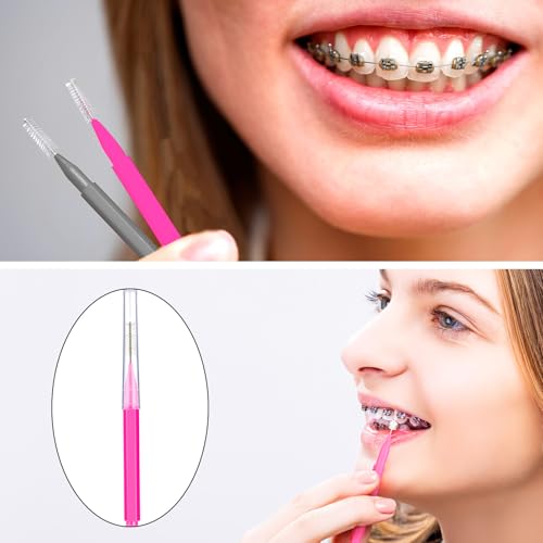 Image of Patelai 100 Pieces Braces Dental Brush for Cleaner Interdental Toothpick Dental Tooth Flossing Head Oral Hygiene Flosser Toothpick Cleaners Tooth Tool(Pink, Grey,Ideal Size)