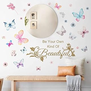 Be Your Own Kind of Beautiful Wall Decals English Lettering Saying Words Vinyl Stickers, Removable Flowers Leaves Image Art DIY Quote Sticker Mural for Bedroom Living Room Home Window Door Decoration