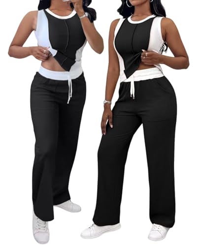 CHICME Womens 2 Piece Outfits Casual Slim Fit Tank Tops Elastic Waist Straight Leg Pants Ribbed Tracksuits
