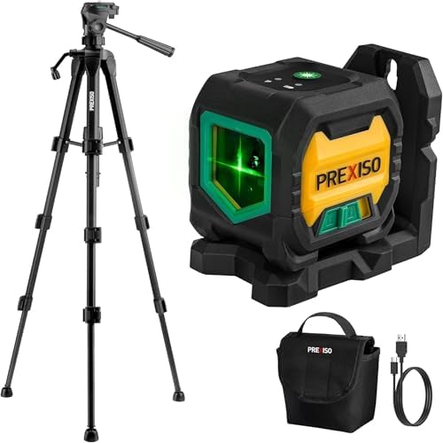 PREXISO Rechargeable Green Cross Line Laser Level, Self-Leveling 360° Laser Leveler with Tripod & Carry Case, Light Indicator, 3 Brightness Modes, Lazer Leveler Tool for Tile, Home Renovation