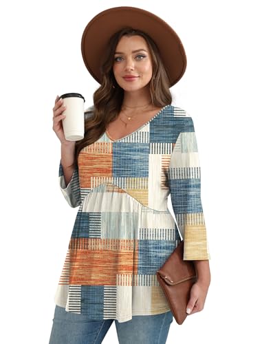 Image of OFEEFAN 3 /4 Length Sleeve Womens Tops 2026 Blouses for Women Dressy Casual Fashion Clothing V Neck Babydoll Tops Fall Outfits