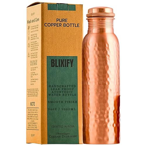 Copper Water Bottle 34oz - 100% Pure Ayurvedic Handcrafted Design - Eco-friendly Premium Quality - Bpa-free Heavy Duty Leak-proof & Lab-tested - Health Benefits for Daily Use, Sports, Travel & Gifting