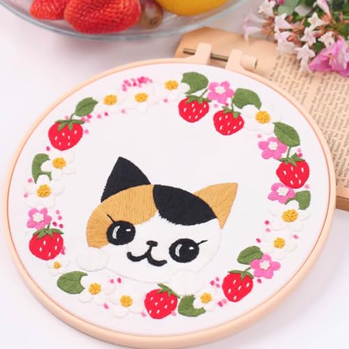 Image of VIRFONOR 4Pack Embroidery Kit for Beginners and Women,Embroidery Cross Stitch Kits with Easy Stamped Floral Pattern, Embroidery Hoop,Tools and Step-by-Step Instructions (Cat Pattern)