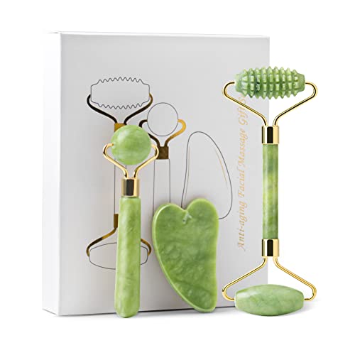 Chyaya Jade Roller & Gua Sha Massage Set, natürliche Anti-Aging-Gesichtsrolle für Gesicht, Augen, Hals zur Hautpflege, Schönheit und Entspannung der Körpermuskulatur (3 Stück) Cover