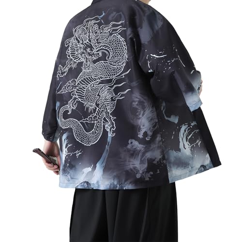 PRIJOUHE Men's Kimono Cardigan Jacket Japanese Style Flying Crane Seven Sleeves Open Front Coat
