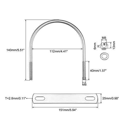 Image of uxcell Round U-Bolts, 112mm(4.41 inch) Inner Width 140mm Length M8 304 Stainless Steel U Clamp Bolt with Nuts Washers and Plates, for Boat Trailer