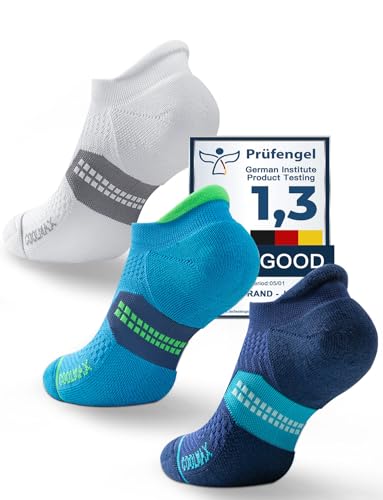 Juclise Coolmax Bamboo Viscose Compression Tab Running No Show Socks Men Moisture Wicking Cushioned Anti-Blister (US Alpha Medium Regular Glacier White+Cobalt Blue+Azure Blue)