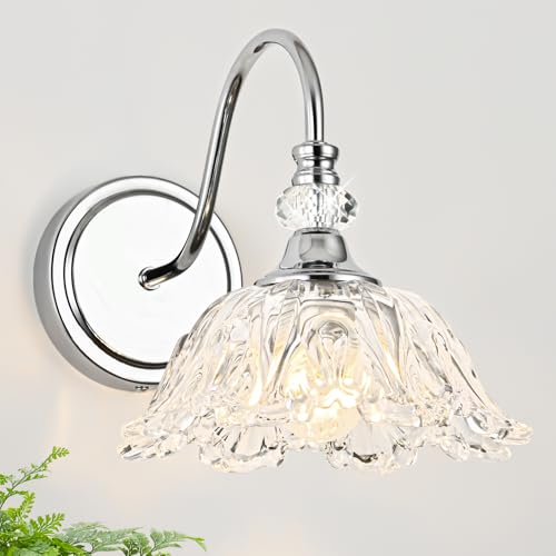 Image of 1 Piece Chrome Wall Sconce with Floral Clear Glass Shade, Modern Wall Mount Lighting for Bathroom,Modern Bathroom Vanity Light Fixture