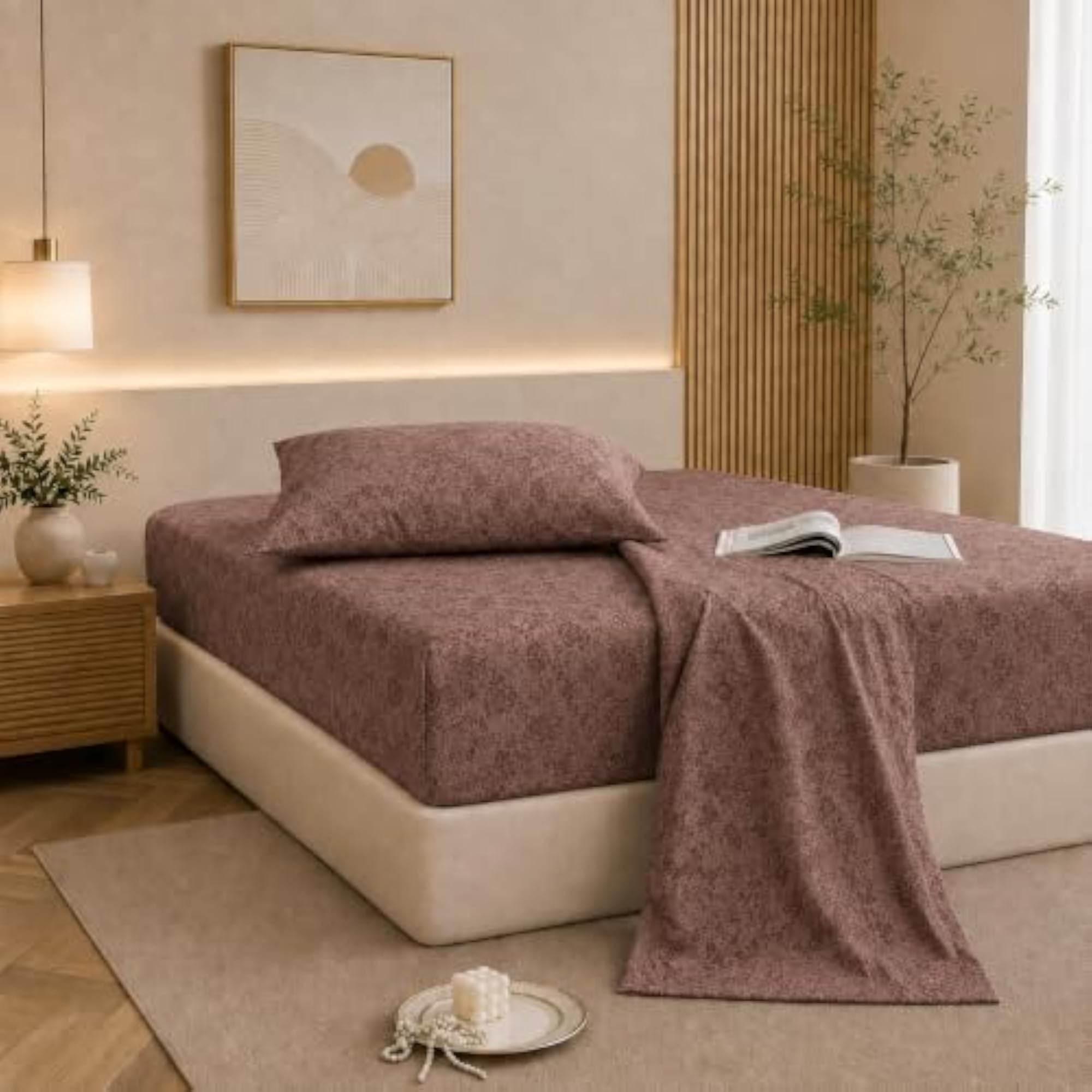 Brown 3D Print 220 TC Glace Cotton Fitted Bedsheet with 2 Pillow Covers
