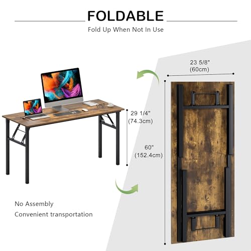 Image of Need Office Computer Desk 60 Inch Sturdy Folding Laptop Table Retro | Black Frame Writing Gaming Work Table /Foldable Home Office Desk /Sewing Table, No Assembly Required