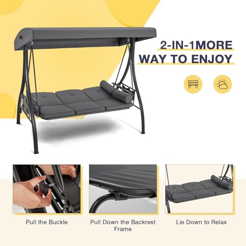 Image of HOMREST 3 Person Outdoor Porch Swing with 1.5 inch Upgraded Cup Holder, Adjustable Canopy, Backrest, Patio Swing Bed with Weather Resistant Steel Frame, Cushions for Garden,Deck and Poolside(Gray)