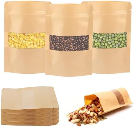 50 stuks kraftpapieren zakjes met kijkvenster, 17 x 9 x 6 cm, oliebestendig voor gastgeschenken, noten, koffiebonen, theebladeren, specerijen, bruine papieren zakjes, snoepzakjes voor bruiloft