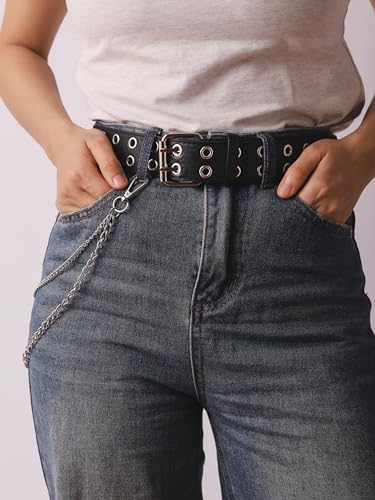 Sacina Black PU Leather Belt With Detachable Chain, Emo Punk Grunge Jewelry, Gothic Black Studded Belt for Women, Goth Accessories2