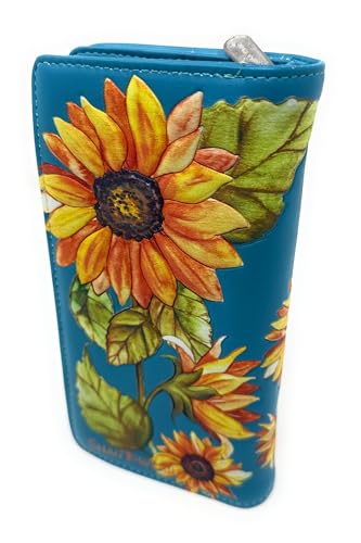 Shag Wear Garden Goat Wallet with Sunflowers for Women and Teen Girls Vegan Faux Leather Teal 7"2