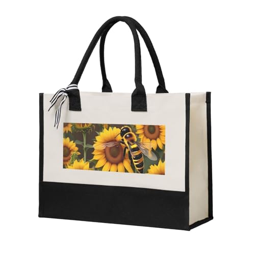 Sac fourre-tout en toile abeille et tournesols pour femme en coton beige taille unique