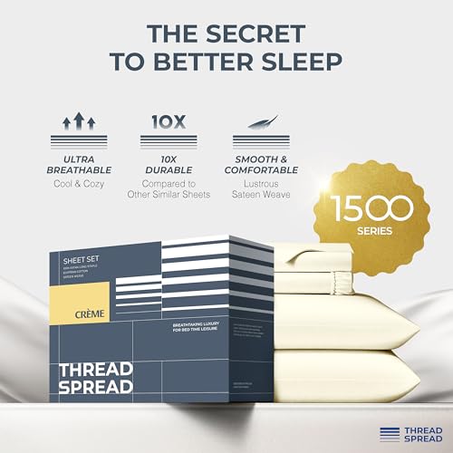 Image of THREAD SPREAD 100% Egyptian Cotton Sheets Queen Size - Luxury 1500 Series Queen Sheet Set Egyptian Cotton (4 PC, Ivory), Silky Soft, Sateen Weave, Cooling & Breathable, 17 inch Deep Pocket Bed Set