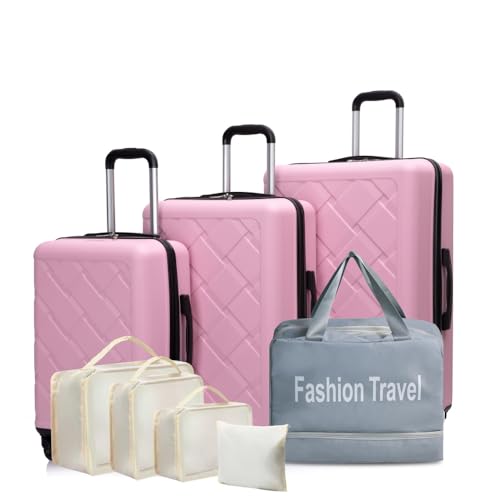 PINK 8-Piece ABS Hardshell Luggage Set with Spinner Wheels Lightweight Durable Suitcase 20/24/28 Inch + Handbag & Storage Bags (Pink + Polypropylene)