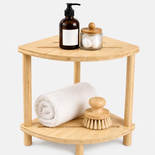 Vaelyss Bamboo Corner Shower Stool for Inside Shower 2-Tier, Shower Foot Rest for Shaving Legs, Bath Shower Bench with Storage Shelf, Shower Shelves, Shower Stand, Easy to Assemble