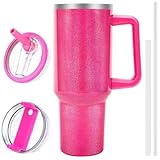 QDXMD 40 oz Tumbler with Handle and Flip Straw Lid, Vacuum Insulated Leak Proof Double Walled Stainless Steel Glitter Travel Mug Tumblers, Maintains Cold Ice and Heat for Hours(Hot Pink)