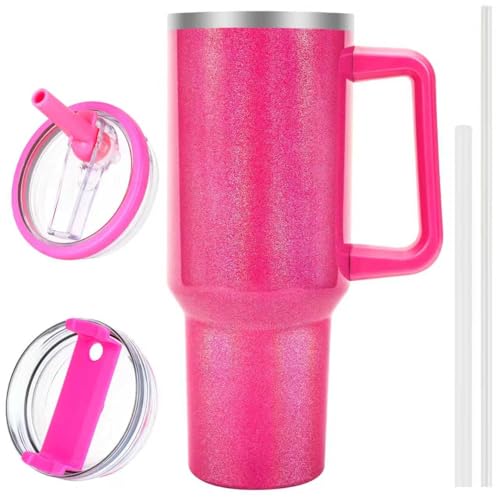 QDXMD 40 oz Tumbler with Handle and Flip Straw Lid, Vacuum Insulated Leak Proof Double Walled Stainless Steel Glitter Travel Mug Tumblers, Maintains Cold Ice and Heat for Hours(Hot Pink)