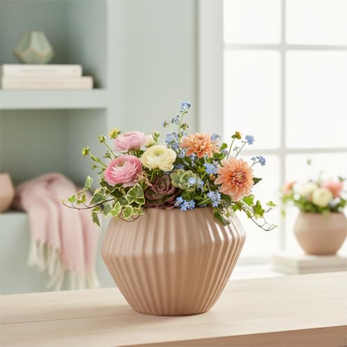 Xtore® Refined Ribbed Ceramic Planter for Indoor Plants & Tabletop Décor | Modern Wide Bowl Pot for Living Room, Office & Shelf Styling (Pastel Pink, Pack of 1 - Planter only)