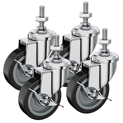 Houseables Caster Wheels, Casters, Set of 4, 3 Inch, (Screw Diameter 3 8 -16, Screw Length 1.5 ), Rubber, Heavy Duty, Threaded Stem Mount Industrial Castors, Locking Metal Swivel Wheel, for Furniture
