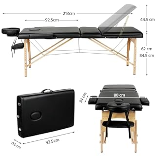 Yaheetech Table de Massage Pliable Lit de Massage 3 Zones Professionnelle Portable Charge 250 kg Hauteur réglable 213 x 60 cm en Bois de hêtre Noir