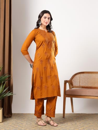 Image of Women Brown Ethnic Motifs Embroidered Lucknowi Chikankari Kurta & Palazzo Sets