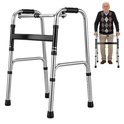 Gehhilfe Gehbock Leichtgewicht Gehgestell mit Scharnieren Faltbarer Rollator Ohne Rollen Höhenverstellbar Für senioren Aus aluminium Rutschfest Ergonomische griffe(Silber 4 Gummifüße)