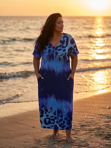 Image of Plus Size Maxi Dress for Women Short Sleeve V Neck Casual Loose Sundress with Pockets