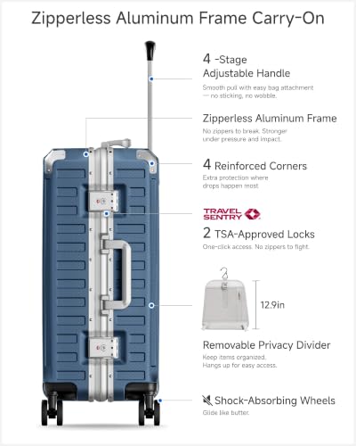 Image of LUGGEX Carry On Zipperless Suitcase, Aluminum Frame, Ocean Blue, 22 inch | Southwest Airlines Approved, 24x16x10 Carry On, 100% PC Hard Shell, 8010S Aluminum Frame, 8 Spinner Wheels, TSA Lock, ZX-Core