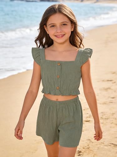 Image of Girl's Summer Clothing Sets Knit Ruffle Striped T-Shirt and Shorts 2 Piece Outfits