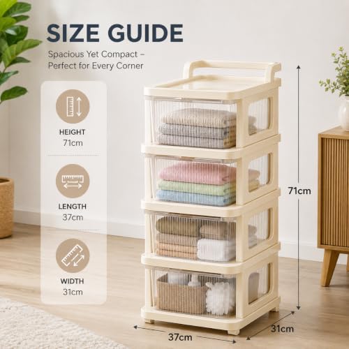 Image of Heavy Duty Plastic Storage Drawer with Wheels | Modular Cabinet for Bedroom, Office, Home or Classroom| Chest of Drawers Organiser for Cosmetics, Kitchen items, Toys (White Transparent, 4)