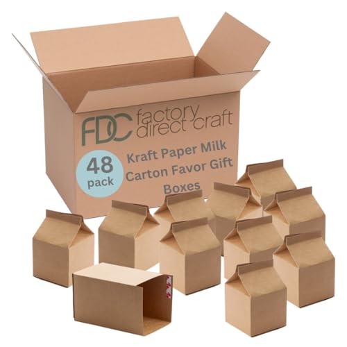 Pack of 48 Kraft Paper Party Favor Milk Cartons - Ready to Personalize Cafeteria Milk Gift Boxes for Wedding, Birthday Party, Baby Shower and Bridal Shower Favors (Size: 3' L x 3' W x 5' H)