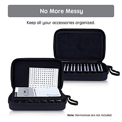 Focusound Harmonica Case, PU Leather Zippered Carry Case with Soft Mesh, Special Slots for 7 Harmonicas, Black