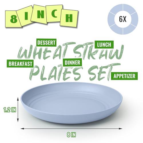 Image of 8 Inch Kids Plates, Wheat Straw Outdoor Plates Set of 6, LightBlue | Reusable Microwave and Dishwasher Safe Small Plates for Kids, Breakfast, Dessert