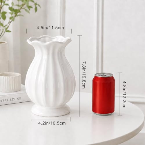 White Ceramic Vase, 7.8 Inch Farmhouse Flower Vase for Home Decor - Image 2