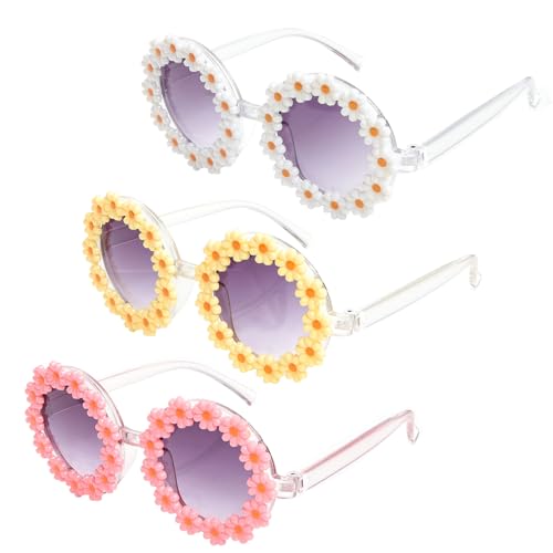 Round Daisy Flower Sunglasses for kids Round UV Protection Eyewear Outside Beach Cute Sunglasses Floral 3 Pairs