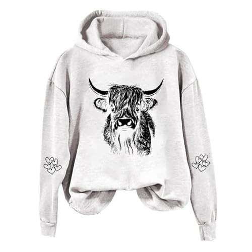 Western Vaca Estampado Mujeres Sudadera Country Style Sudadera con Capucha Femenino, Blanco, S
