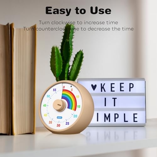 Visual Timer for Kids, 60-Minute Countdown for Classroom Office Kitchen, Desk Timer Kids Time Management Tools with Silent Operation, Pomodoro Time Rainbow Pattern (Khaki)