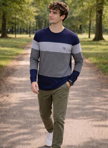 Image of ADRO Men's Full Sleeve T-Shirt Navy Grey Colorblock | Cotton Round Neck Casual Tshirt | Regular Fit Stylish T Shirt