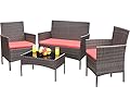 Greesum Patio Furniture 4 Pieces Conversation Sets Outdoor Wicker Rattan Chairs Garden Backyard Balcony Porch Poolside loveseat with Soft Cushion and Glass Table, Brown and Red