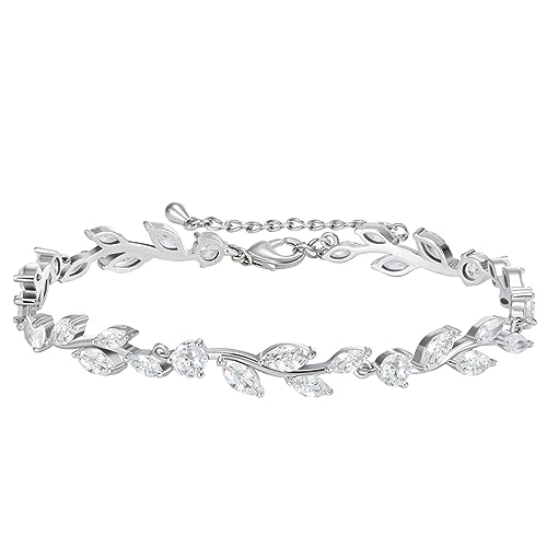 SWEETV Cubic Zirconia Wedding Bridal Bracelet for Brides,Bridesmaids, Silver Crystal Elegant Tennis Bracelet for Women Prom Jewelry Gifts