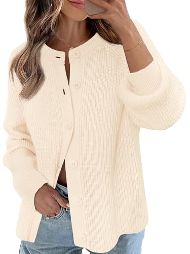 MEROKEETY Women's 2025 Long Sleeve Cardigan Sweater Fall Crew Neck Button Open Front Chunky Knit Outfits