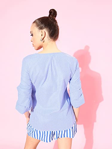 Image of Style Quotient Women Blue & White Striped Studded Top