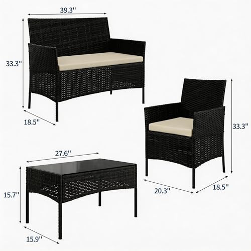 Image of 4-Piece Outdoor Patio Furniture Set - Black Wicker Rattan Bistro Conversation Set with 2 Chairs, Loveseat, Tempered Glass Coffee Table, Thick Creamy-White Cushions - Balcony, Garden, Porch or Poolside