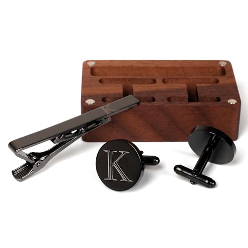 Image of Mens Initial Cufflinks and Tie Clip A-Z Alphabet Letter Black Stainless Cuff Links Tie Bar with Engraved Walnut Wood Box Groom Groomsman Wedding Set