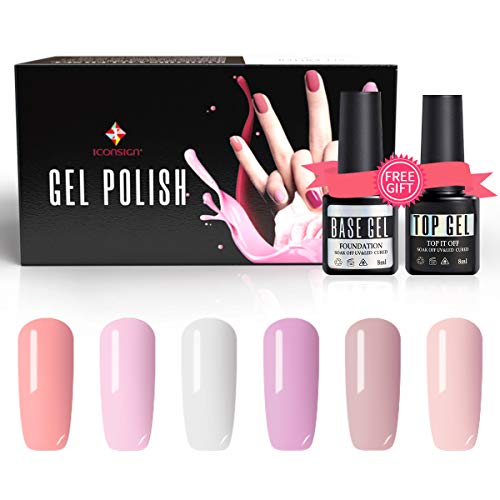 ICONSIGN Gel Nail Polish Set - 6 Colors Champagne Gold Gel Polish Kit Snow White Nail Gel Polish Soak Off Gel Nail Kit with Glossy Top Coat and Base Coat Holiday Party