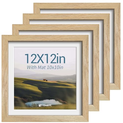 TENIBYC 12x12 picture frame 4 Pack, 10x10 Mat, Natural Wood, Glass