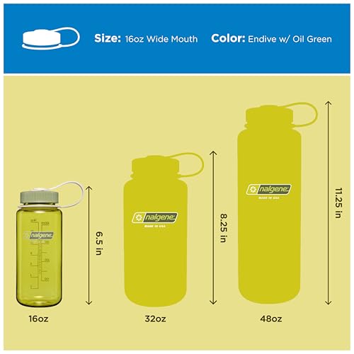 Image of Nalgene 16 oz Wide Mouth Water Bottle | Slim Cup Holder Size, BPA-Free, Durable & Leak Proof Travel Bottle - Thrill & Motion, Endive w /Oil Green